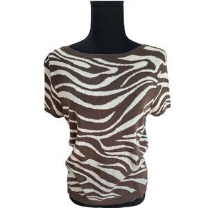 Talbots 100% Silk brown and beige Zebra Print short sleeve lightweight sweater.